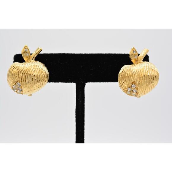 Givenchy Vintage Clip On Earrings Apple Rhinestone Brushed Gold Signed 80s BinQ - Picture 1 of 12